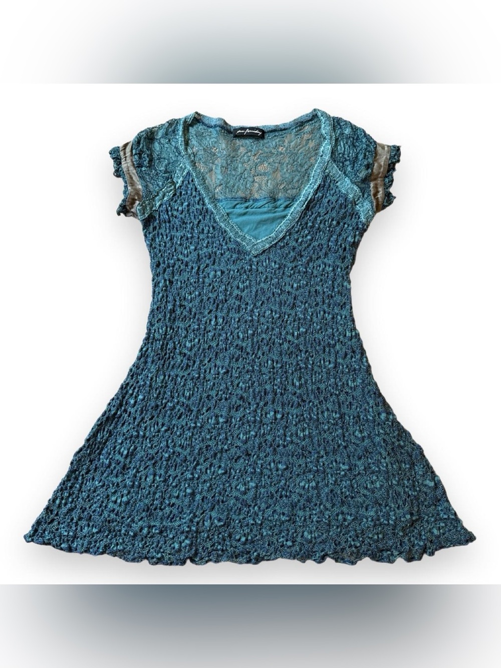 Vintage Ann Ferriday Teal Blue Lace Trim Mini Dress Y2K Boho Fairy